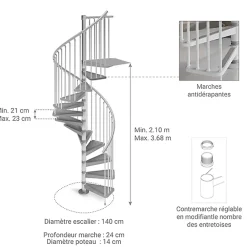Matisere Escalier Colimaçon<Escalier colimaçon métal 13 marches - Hauteur à franchir 2.73 à 2.99m - Diamètre 140cm - Blanc - GAMIA140/BB-13