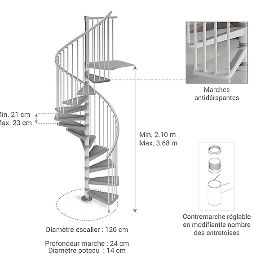 Matisere Escalier Colimaçon<Escalier colimaçon métal 15 marches - Hauteur à franchir 3.15 à 3.45m - Diamètre 120cm - Gris - GAMIA120/GG-15