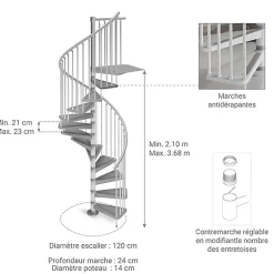 Matisere Escalier colimaçon métal 13 marches - Hauteur à franchir 2.73 à 2.99m - Diamètre 120cm - Blanc - GAMIA120/BB-13- Escalier Colimaçon
