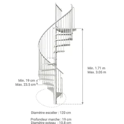 Matisere Escalier colimaçon métal 13 marches - Hauteur à franchir 2.47 à 3.05m - Diamètre 120cm - Structure blanche et marche blanche -- Escalier Colimaçon