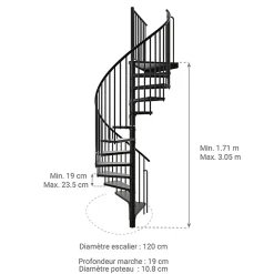 Matisere Escalier colimaçon métal 13 marches - Hauteur à franchir 2.47 à 3.05m - Diamètre 120cm - Structure noire et marche noir -- Escalier Colimaçon