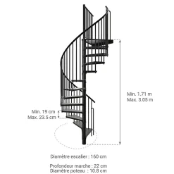 Matisere Escalier colimaçon métal 9 marches - Hauteur à franchir 1.71 à 2.12m - Diamètre 160cm - Noir - RONDO160-NN-9- Escalier Colimaçon