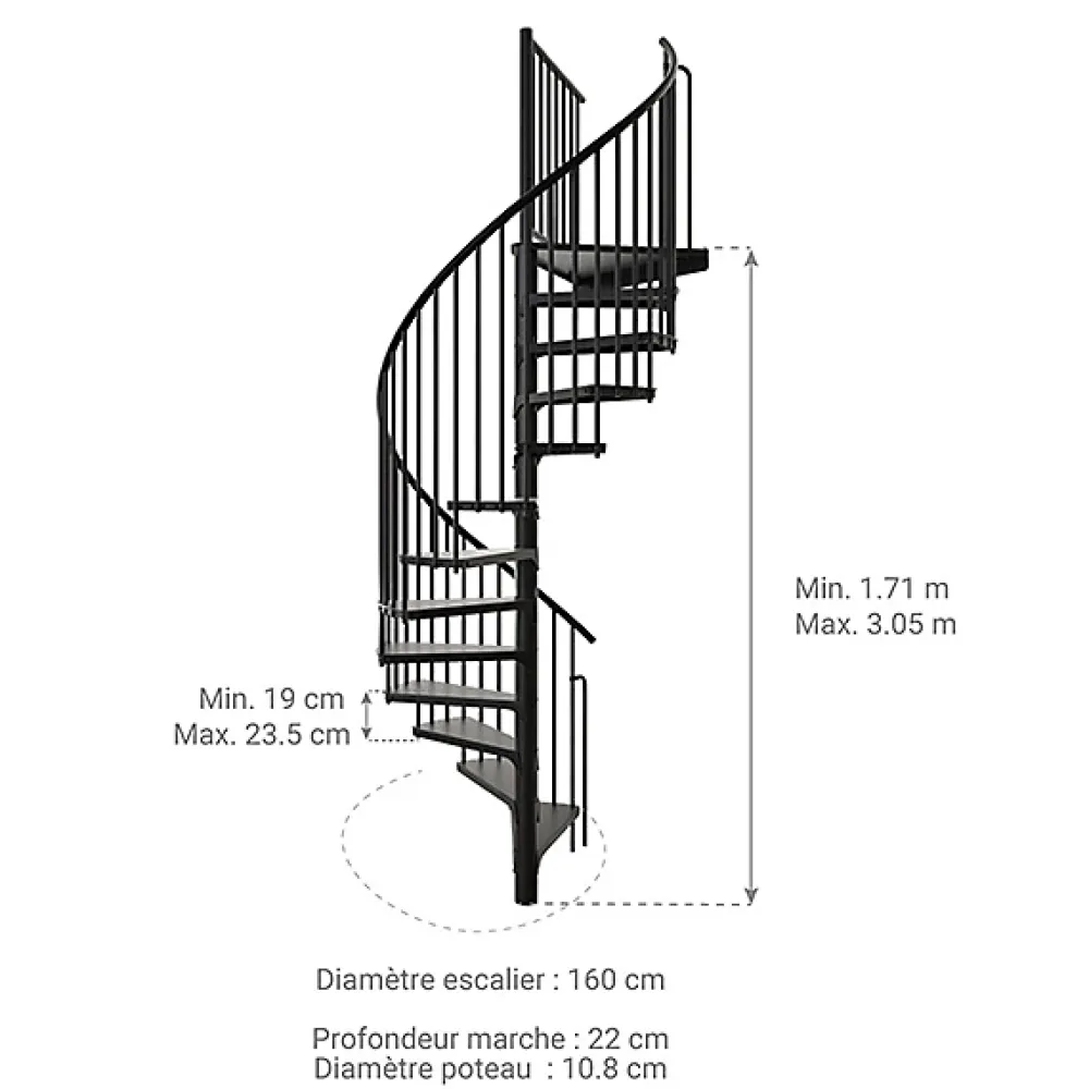 Matisere Escalier Colimaçon<Escalier colimaçon métal 11 marches - Hauteur à franchir 2.09 à 2.59m - Diamètre 160cm - Noir - RONDO160-NN-11