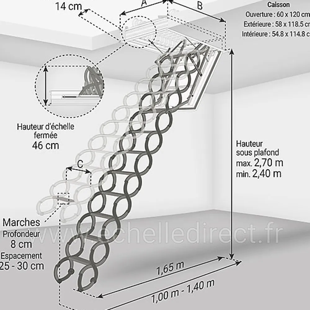 Matisere Escalier coupe feu 60min - Hauteur sous plafond 2.70m - Trémie 60x120cm - LSF60120/270- Escalier Escamotable