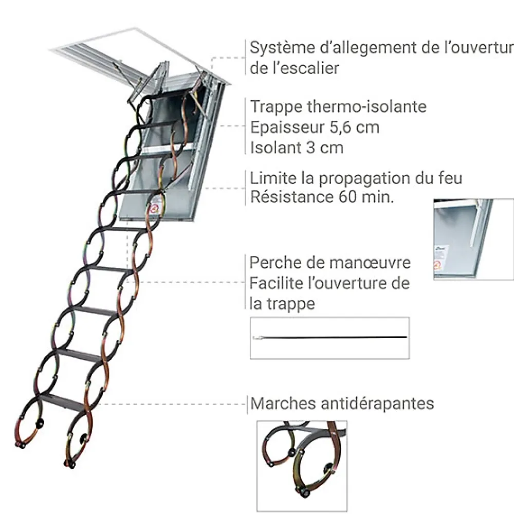 Matisere Escalier coupe feu 60min - Hauteur sous plafond 2.70m - Trémie 60x120cm - LSF60120/270- Escalier Escamotable