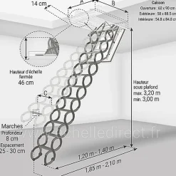 Matisere Escalier coupe feu 60min - Hauteur sous plafond 3.20m - Trémie 60x90cm - LSF6090-320- Escalier Escamotable