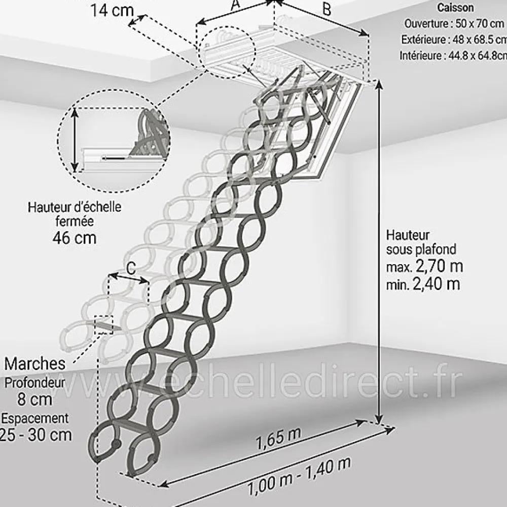 Matisere Escalier coupe feu 60min - Hauteur sous plafond 2.70m - Trémie 50x70cm - LSF5070/270- Escalier Escamotable