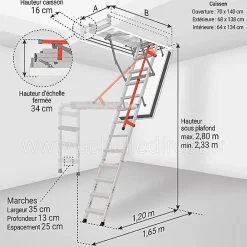 Matisere Escalier Escamotable<Escalier coupe feu 120min - Hauteur sous plafond 2.80m - Trémie 70x140cm - LMF70140-280