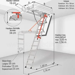 Matisere Escalier Escamotable<Escalier coupe feu 120min - Hauteur sous plafond 3.05m - Trémie 70x130cm - LMF70130-305
