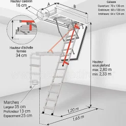 Matisere Escalier coupe feu 120min - Hauteur sous plafond 2.80m - Trémie 70x130cm - LMF70130-280- Escalier Escamotable