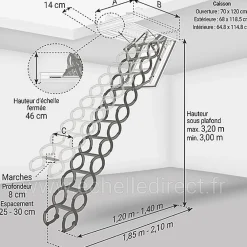 Matisere Escalier coupe feu 60min - Hauteur sous plafond 3.20m - Trémie 70x120cm - LSF70120-320- Escalier Escamotable
