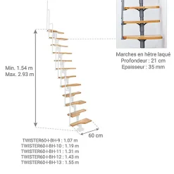Matisere Escalier Droit<Escalier droit 10 marches - Hauteur à franchir 1.89 à 2.49m - Blanc et hêtre - TWISTER60-I-BH-10