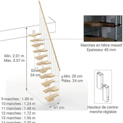 Matisere Escalier droit 9 marches - Hauteur à franchir de 2.01 à 2.37m - Largeur 61cm - Couleur naturel et blanc - MINI61/I/SBMNAT-9- Escalier Droit