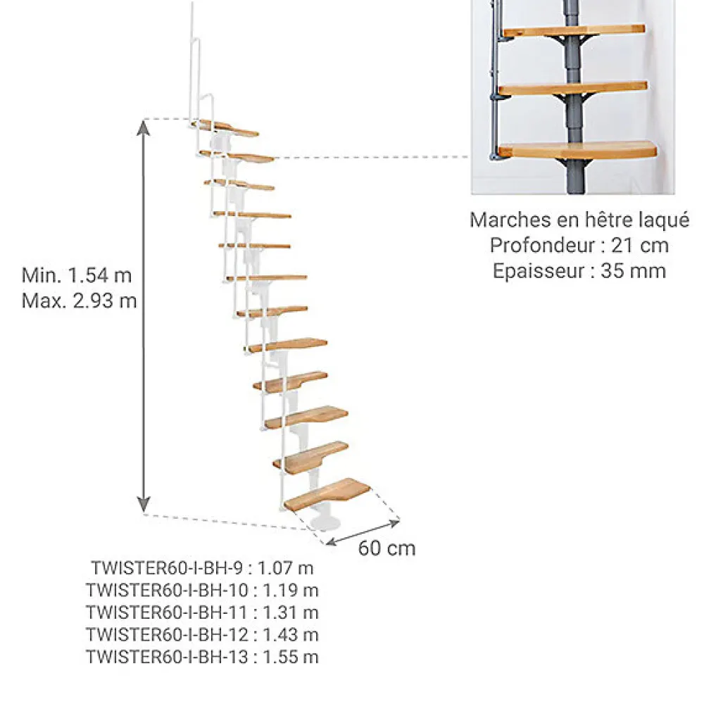 Matisere Escalier droit 9 marches - Hauteur à franchir 1.72 à 2,26m - Blanc et hêtre - TWISTER60-I-BH-9- Escalier Droit