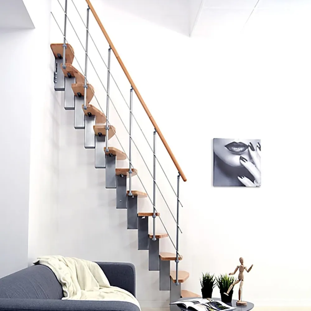 Matisere Escalier Droit<Escalier droit 14 marches - Hauteur à franchir 2.85 à 3.21m - Largeur 65cm - Structure grise et marche hêtre - QUATR65/I-GB-14