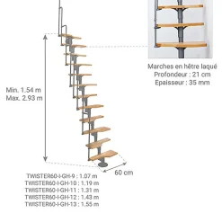 Matisere Escalier droit 13 marches - Hauteur à franchir 2.41 à 3.16m - Gris et hêtre - TWISTER60-I-GH-13- Escalier Droit