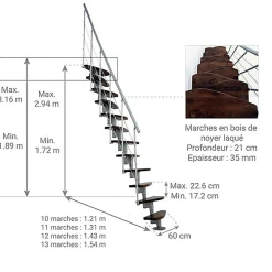Matisere Escalier Droit<Escalier droit 13 marches - Hauteur à franchir 2.41 à 3.17m - Largeur 65cm - Structure grise et marche noyer - NIZZA60/I/SGMNO-13