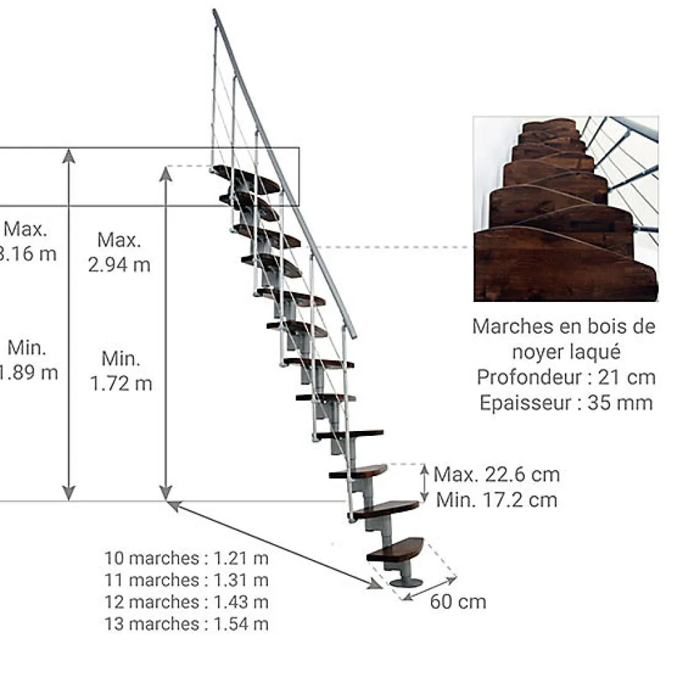 Matisere Escalier Droit<Escalier droit 13 marches - Hauteur à franchir 2.41 à 3.17m - Largeur 65cm - Structure grise et marche noyer - NIZZA60/I/SGMNO-13