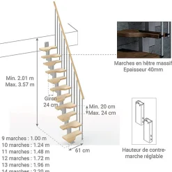 Matisere Escalier Droit<Escalier droit 13 marches - Hauteur à franchir de 2.81 à 3.33m - Largeur 61cm - Couleur naturel et blanc - MINI61/I/SGMNAT-13