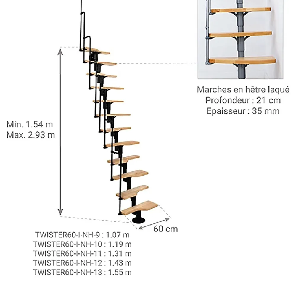 Matisere Escalier Droit<Escalier droit 9 marches - Hauteur à franchir 1.72 à 2,26m - Noir et Hêtre - TWISTER60-I-NH-9