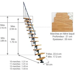 Matisere Escalier Droit<Escalier droit 13 marches - Hauteur à franchir 2.41 à 3.17m - Largeur 65cm - Structure grise et marche hêtre - NIZZA60/I/GH-13