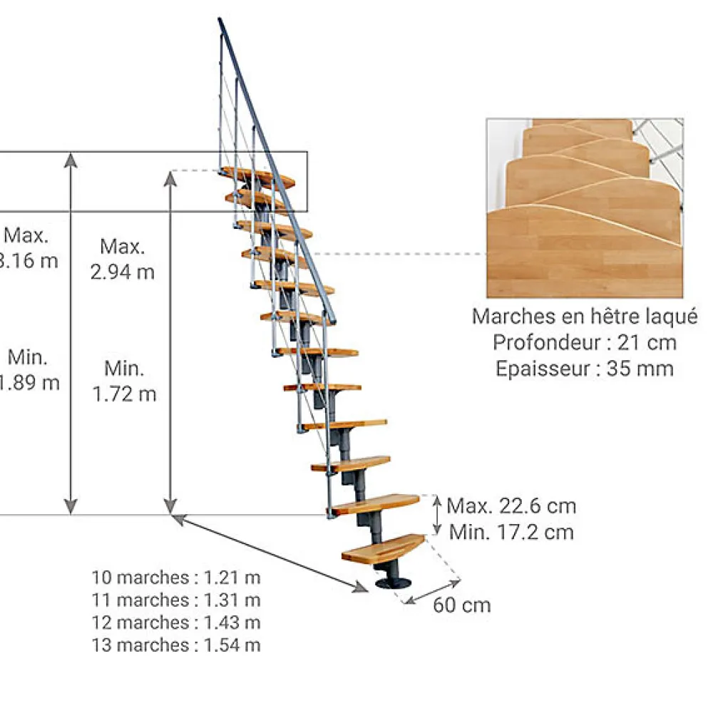 Matisere Escalier Droit<Escalier droit 13 marches - Hauteur à franchir 2.41 à 3.17m - Largeur 65cm - Structure grise et marche hêtre - NIZZA60/I/GH-13