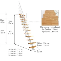 Matisere Escalier Droit<Escalier droit 10 marches - Hauteur à franchir 1.89 à 2.49m - Largeur 65cm - Structure blanche et marche hêtre - NIZZA60/I/BN-10
