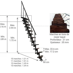 Matisere Escalier Droit<Escalier droit 12 marches - Hauteur à franchir 2.23 à 2.94m- Largeur 65cm - Structure noire et marche noyer - NIZZA60/I/SNMNO-12