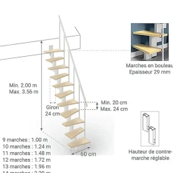 Matisere Escalier droit 12 marches - Hauteur à franchir de 2.60 à 3.08m - Largeur 60cm - Couleur bois et blanc - SMALL60/I-SBNAT-12- Escalier Droit
