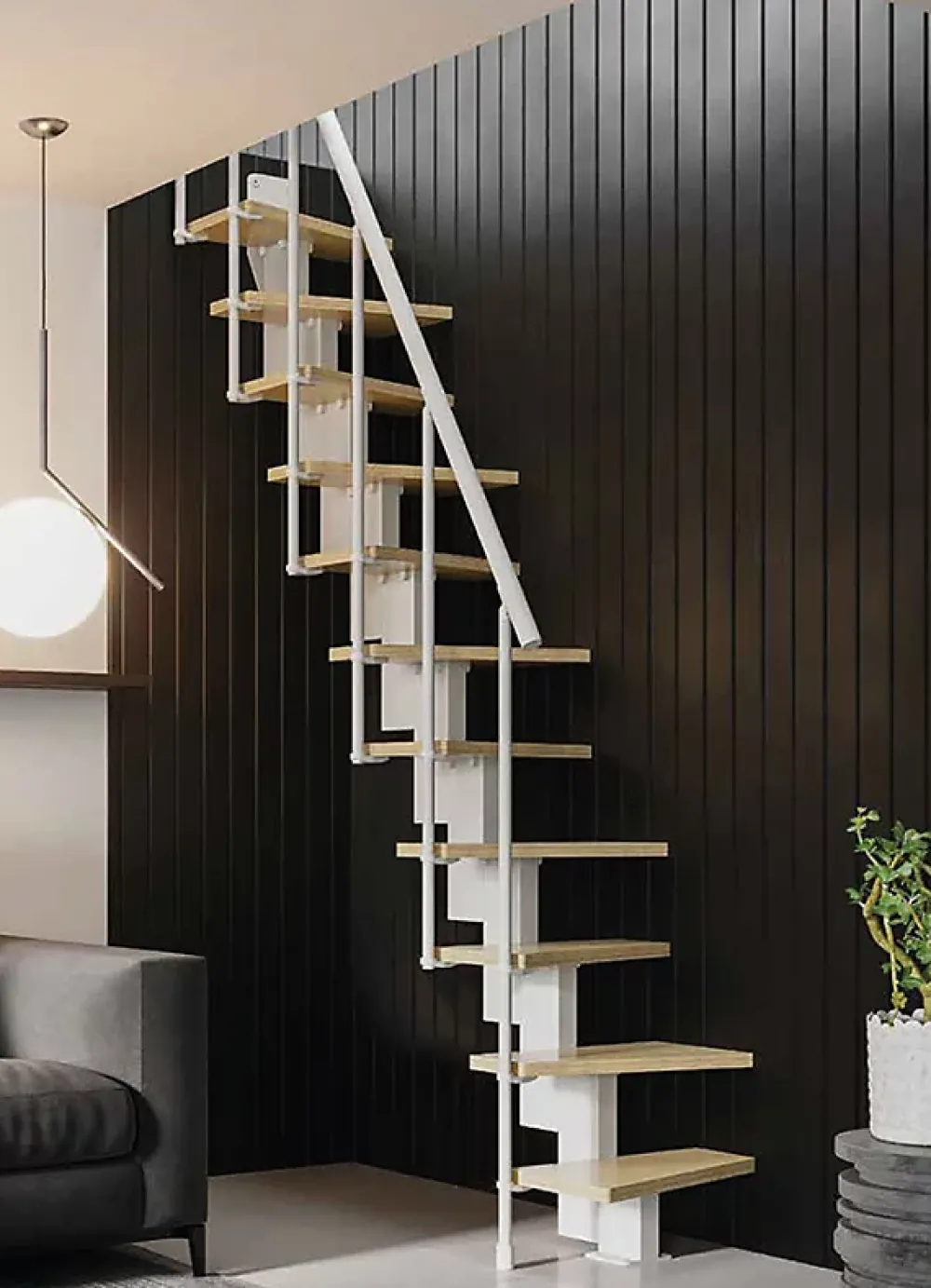 Matisere Escalier droit 12 marches - Hauteur à franchir de 2.60 à 3.08m - Largeur 60cm - Couleur bois et blanc - SMALL60/I-SBNAT-12- Escalier Droit