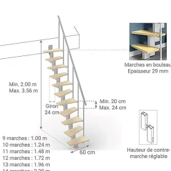 Matisere Escalier droit 9 marches - Hauteur à franchir de 2.00 à 2.36m - Largeur 60cm - Couleur bois et blanc - SMALL60/I-SGNAT-9- Escalier Droit