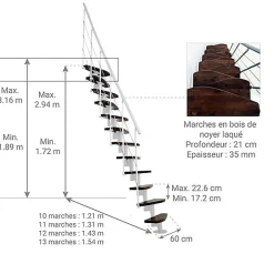 Matisere Escalier droit 13 marches - Hauteur à franchir 2.41 à 3.17m - Largeur 65cm - Structure blanche et marche noyer -- Escalier Droit
