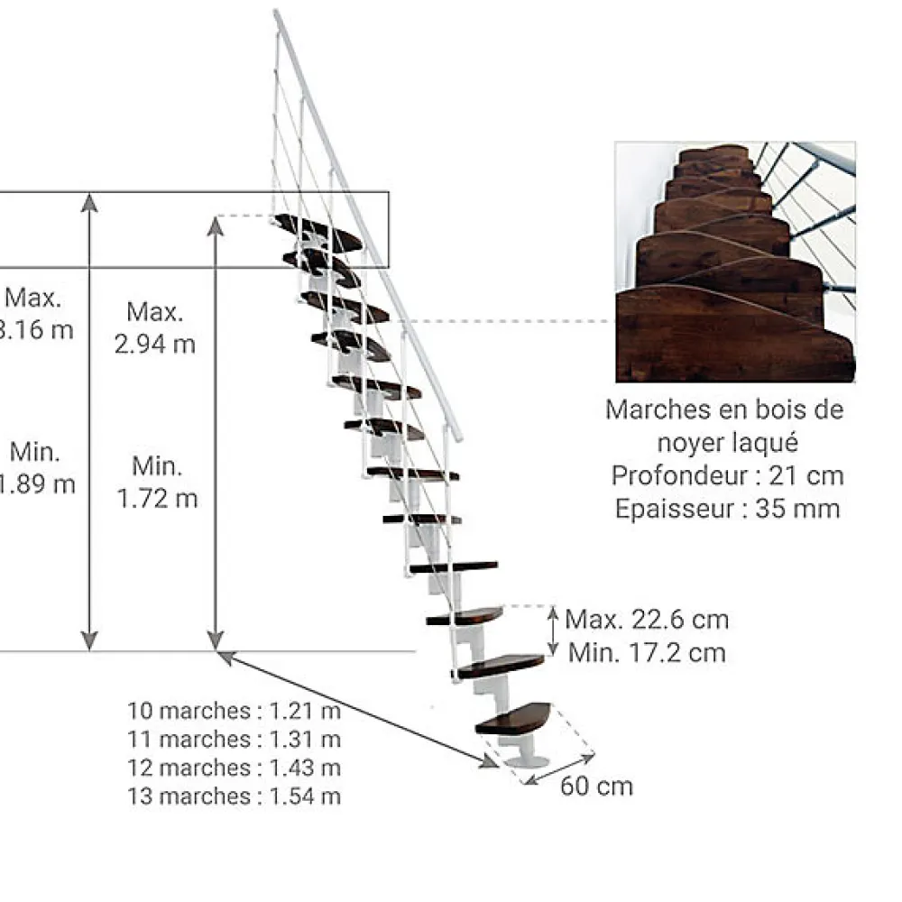 Matisere Escalier droit 13 marches - Hauteur à franchir 2.41 à 3.17m - Largeur 65cm - Structure blanche et marche noyer -- Escalier Droit