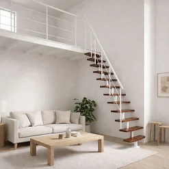 Matisere Escalier droit 13 marches - Hauteur à franchir 2.41 à 3.17m - Largeur 65cm - Structure blanche et marche noyer -- Escalier Droit