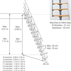 Matisere Escalier droit 14 marches - Hauteur à franchir 2.85 à 3.21m - Largeur 65cm - Structure blanche et marche hêtre - QUATR65/I-BB-14- Escalier Droit