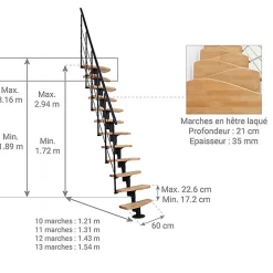 Matisere Escalier Droit<Escalier droit 13 marches - Hauteur à franchir 2.41 à 3.17m - Largeur 65cm - Structure noire et marche hêtre - NIZZA60/I/NH-13
