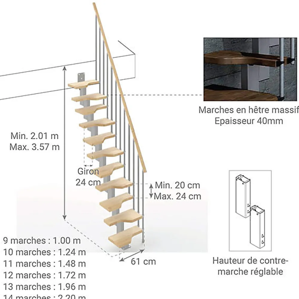 Matisere Escalier Droit<Escalier droit 11 marches - Hauteur à franchir de 2.41 à 2.85m - Largeur 61cm - Couleur naturel et blanc - MINI61/I/SGMNAT-11