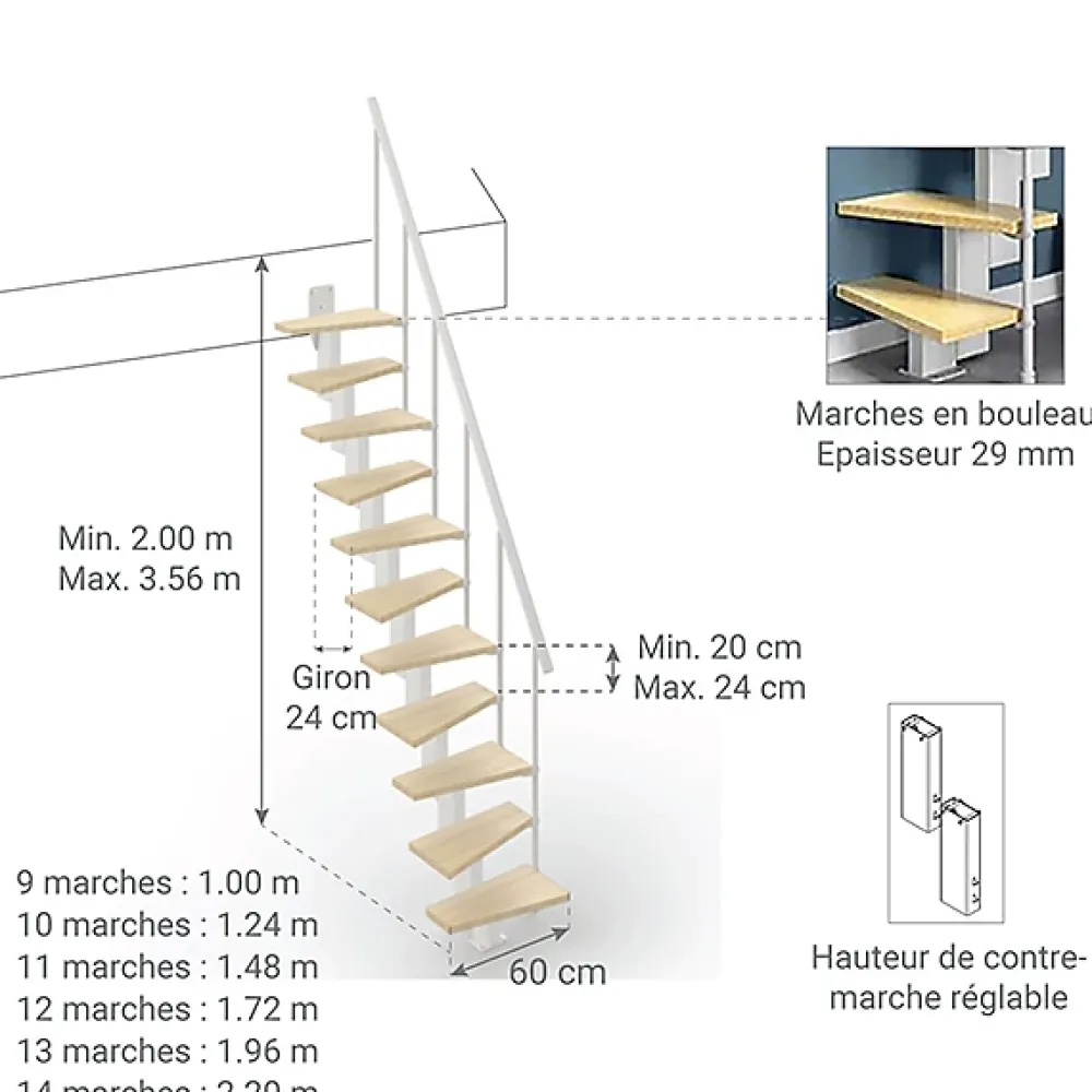 Matisere Escalier droit 9 marches - Hauteur à franchir de 2.00 à 2.36m - Largeur 60cm - Couleur bois et blanc - SMALL60/I-SBNAT-9- Escalier Droit