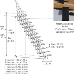 Matisere Escalier droit 12 marches - Hauteur à franchir 2.59 à 3.12m - Largeur 80cm - Structure blanche et marche noyer - COMFO80/I/BN-12- Escalier Droit