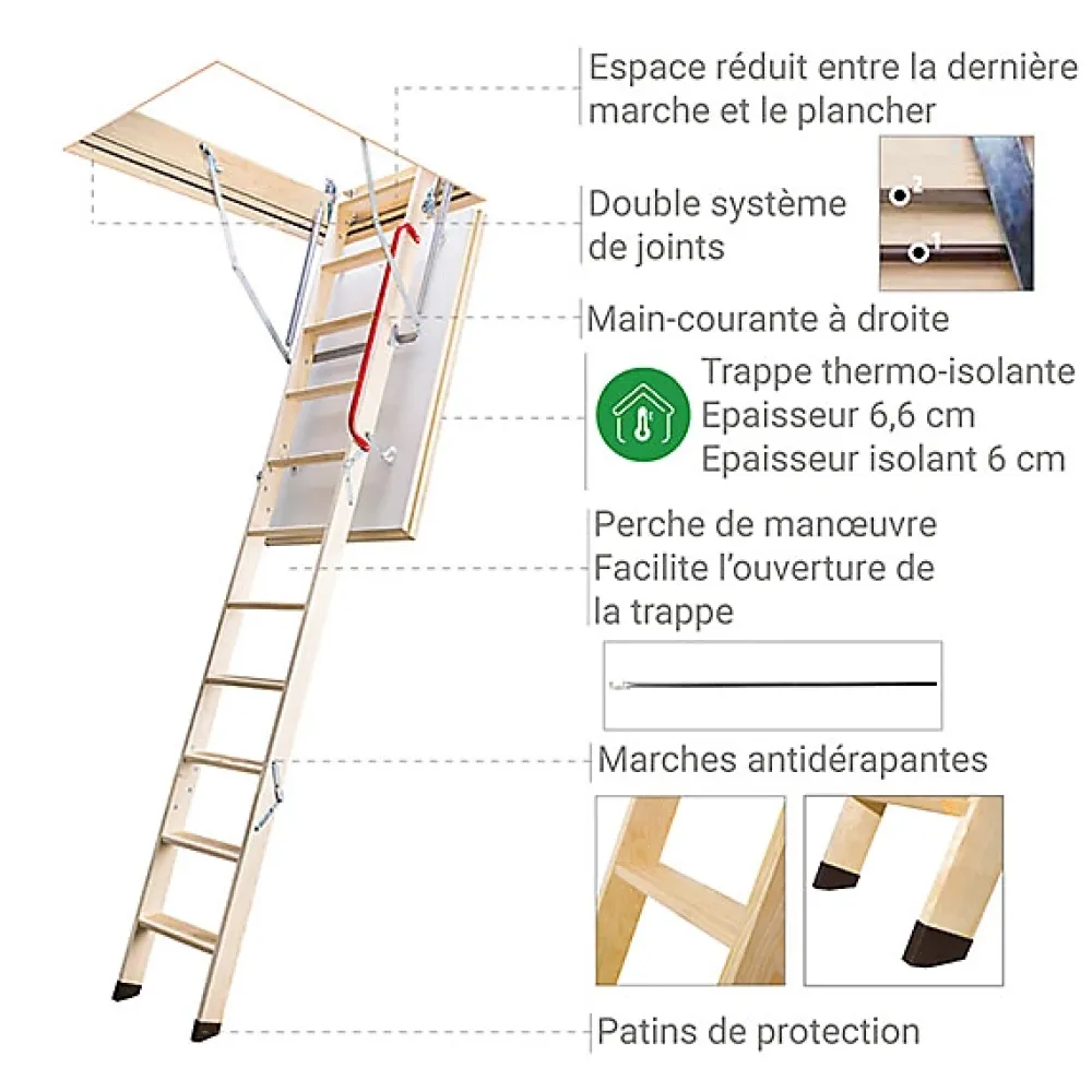 Matisere Escalier escamotable isolé - Trémie de 60 x 100cm - Hauteur de 2.53 à 2.80m - LTK60100-2- Escalier Escamotable