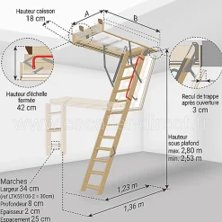 Matisere Escalier Escamotable<Escalier escamotable isolé - Trémie de 55 x 100cm - Hauteur de 2.53 à 2.80m - LTK55100-2