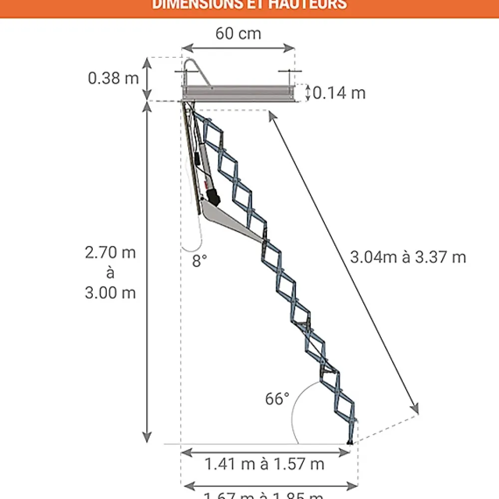 Matisere Escalier escamotable électrique - Trappe : 60x120cm - Hauteur max 3.00m - FGM60/120-300-C- Escalier Escamotable