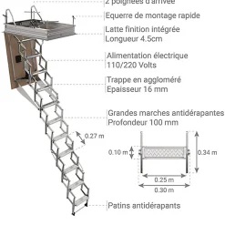 Matisere Escalier escamotable électrique - Trappe : 60x120cm - Hauteur max 3.00m - FGM60/120-300-C- Escalier Escamotable