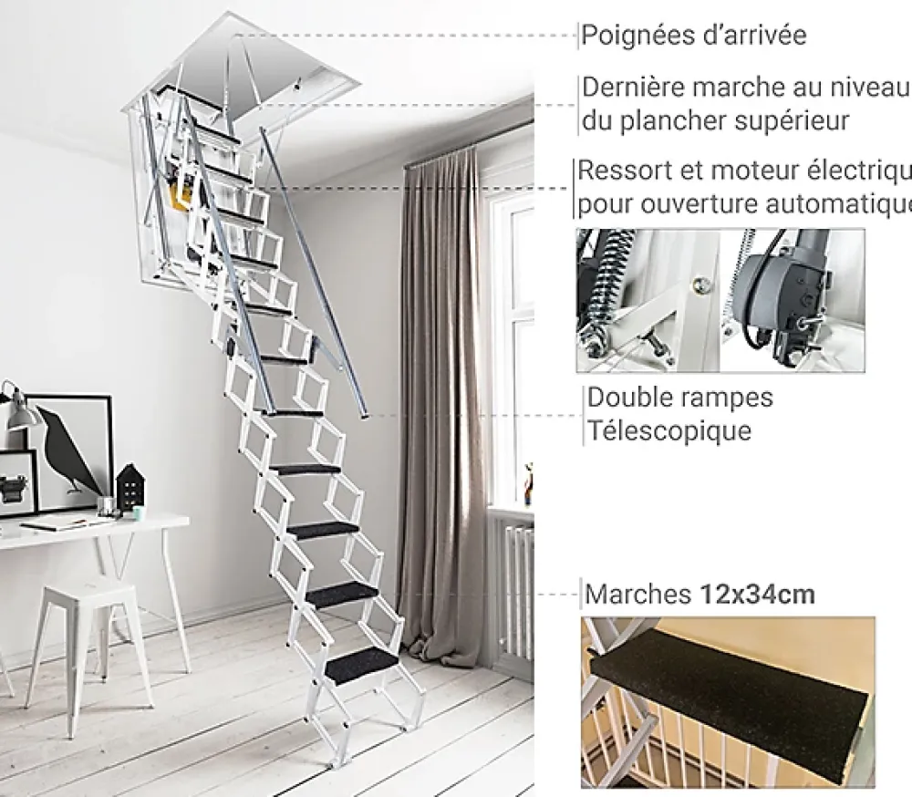 Matisere Escalier Grenier Electrique - Trappe 70x100cm - Hauteur 2.76 à 3.05m - ACI-THE300B/100X70- Escalier Escamotable