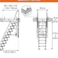 Matisere Escalier Grenier Electrique - Trappe 60x100cm - Hauteur 2.76 à 3.05m - ACI-THE300G/100X60- Escalier Escamotable