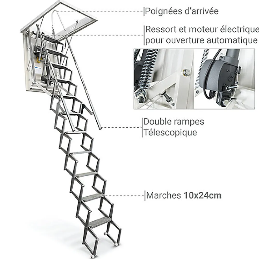 Matisere Escalier Grenier Electrique - Trappe 60x130cm - Hauteur 2.76 à 3.05m - ACI-THE300G/130X60- Escalier Escamotable