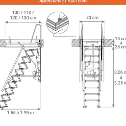 Matisere Escalier Escamotable<Escalier Grenier Electrique - Trappe 70x130cm - Hauteur 3.06 à 3.25m - ACI-THE325G/130X70