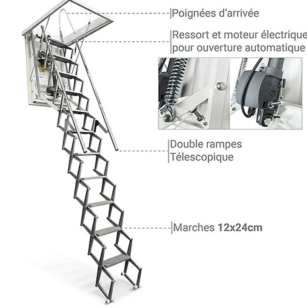 Matisere Escalier Grenier Electrique - Trappe 70x130cm - Hauteur 2.76 à 3.05m - ACI-THE300G/130X70- Escalier Escamotable