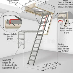 Matisere Escalier métal coupe feu 60min - 3.60m sous plafond - Trémie 70x144cm - LMF60/70144-360- Escalier Escamotable