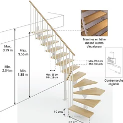 Matisere Escalier Quart Tournant<Escalier quart tournant 16 marches - Hauteur à franchir de 3.15 à 3.79m - Largeur 85cm - Limon central - Bois et blanc -